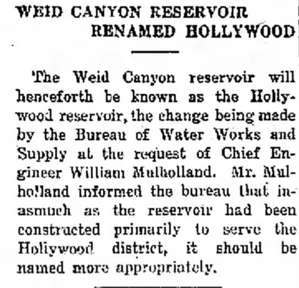 "Weid Canyon Reservoir Renamed Hollywood" headline and article.
