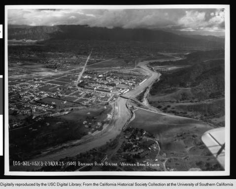 Aerial View of Flooding at Barham Boulevard, 1938, California Historical Society Collection at USC