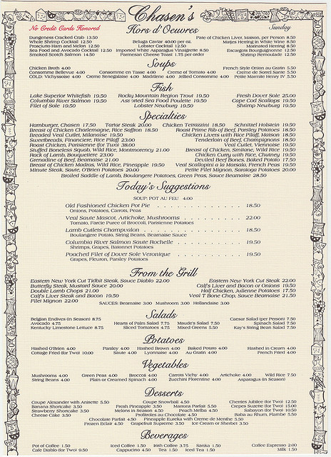A Chasen's menu from 1987
