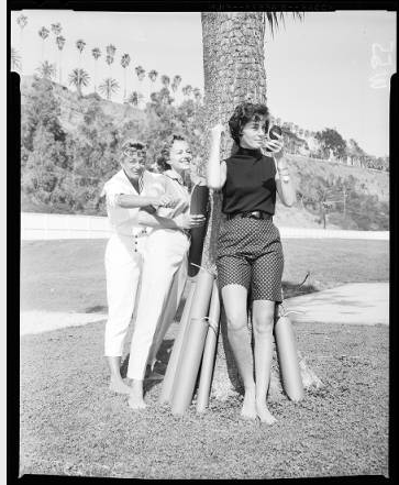Seymour Burns, Burt Harris, and Ken Meyers in front of a palm tree