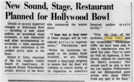 Newspaper headline: "New Sound, Stage, Restaurant Planned for Hollywood Bowl"