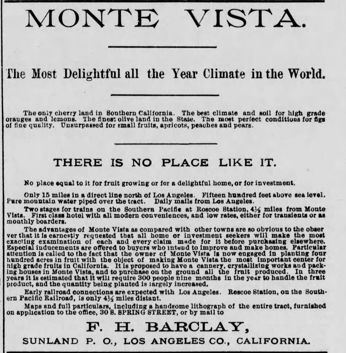 Monte Vista Hotel Ad 1889