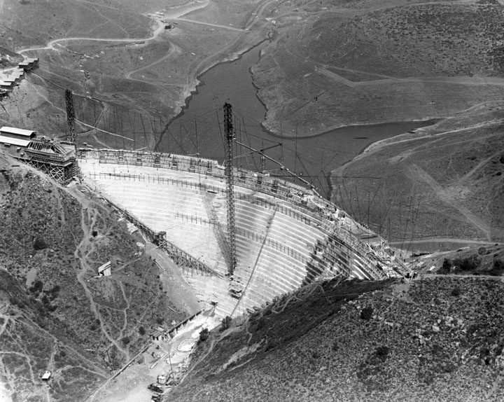 Aerial view of Mulholland Dam and the Hollywood Reservoir