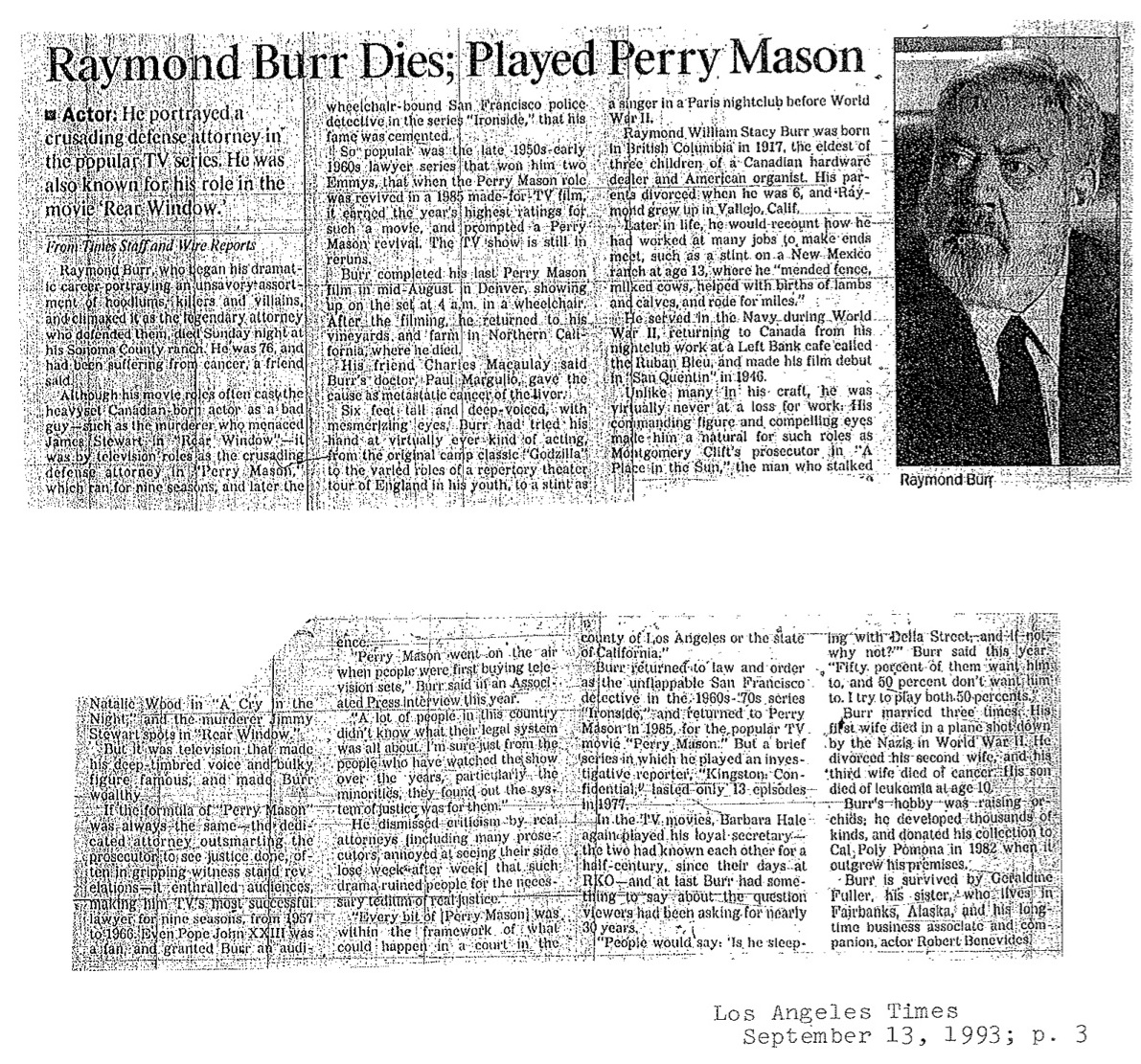 Raymond Burr Obituary Los Angeles Times